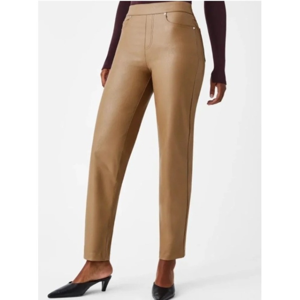 Spanx Faux Leather Ankle Straight Leg Pants Women L Tan Camel Shapewear Chic New